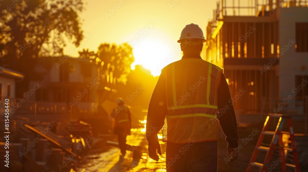 A man in a safety vest walks down a street near a construction site A man in a safety vest walks down a street near a construction site