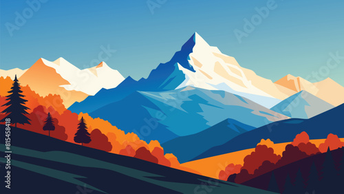  Colorful autumn landscape in the Caucasus mountains. Sunny morning scene with mountain Ushba on the background. beauty of nature flat background © Graphic toons