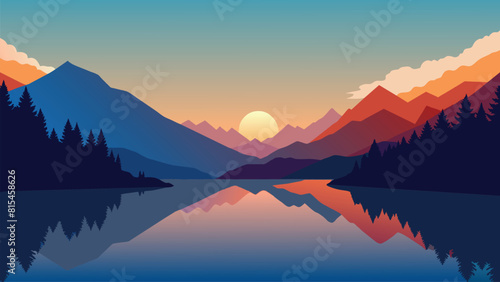  Wonderful autumn sunrise of Hintersee lake. Amazing morning view flat vector illustration nature background.