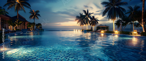 A luxurious tropical resort pool at night  perfect for holiday relaxation and travel.