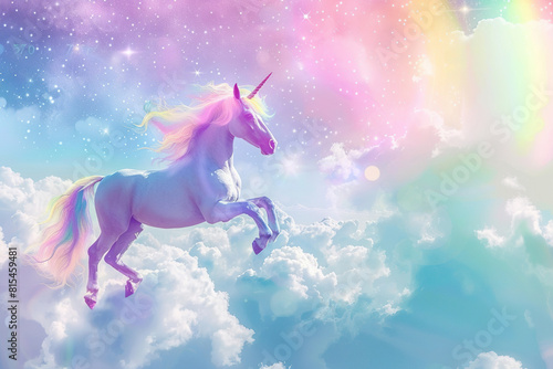 Generative ai on theme of fantasy unicorn in beautiful sky with bright rainbow and fluffy clouds