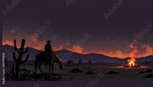 A black horse silhouette stands against a fiery desert sunset in this western-themed vector illustration