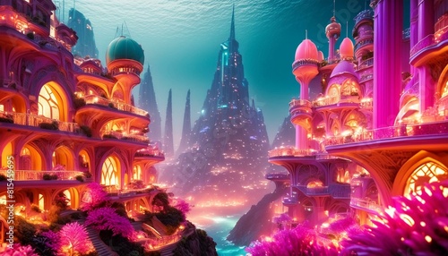 An underwater metropolis lit by bioluminescent creatures   bustling with aquatic life