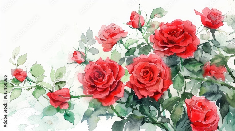 An exquisite watercolor sketch of a bouquet of vibrant red roses delicately hand painted with intricate details of lush green leaves against a crisp white backdrop This stunning floral card An exquisite watercolor sketch of a bouquet of vibrant red roses delicately hand painted with intricate details of lush green leaves against a crisp white backdrop This stunning floral card