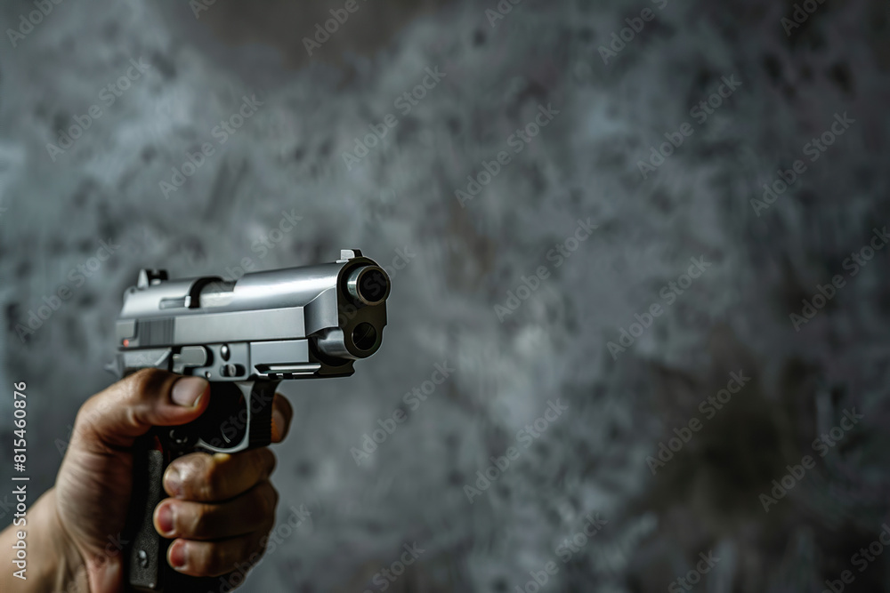 Generative ai on theme of a man aims through the sight of combat metal pistol to hit the target Generative ai on theme of a man aims through the sight of combat metal pistol to hit the target