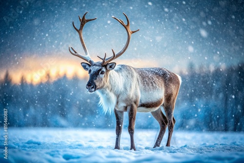 Reindeer graze against the background of a winter tundra landscape. Snow is falling. Snowstorm.