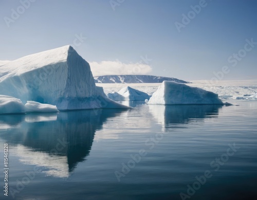 icebergs reflecting in calm sea water under blue sky in daylight © Cavan
