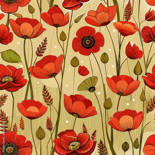 Seamless pattern of vintage poppies swaying in a rustic field, Generative AI