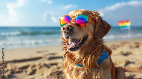 A dog wearing sunglasses and a blue collar is sitting on the beach