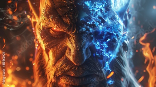 Close view of a mage commanding his orc guardian, depicted in vibrant blue and orange flames, with high-contrast lighting enhancing the mood