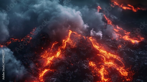 Close-up view of molten lava and rising smoke, illustrating the destructive nature of overspending, isolated on a dark sky for contrast