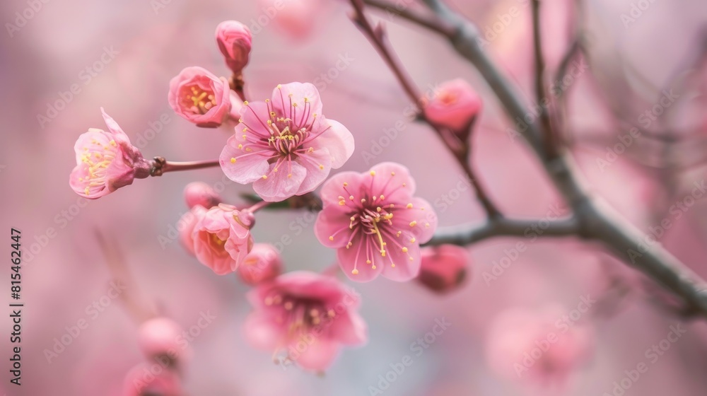 Plum branch in bloom captured in a close up shot against a natural backdrop Plum branch in bloom captured in a close up shot against a natural backdrop