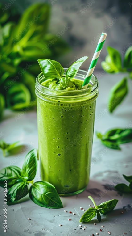 A mason jar filled with a green smoothie made of various green fruits and vegetables, complete with a straw for sipping A mason jar filled with a green smoothie made of various green fruits and vegetables, complete with a straw for sipping