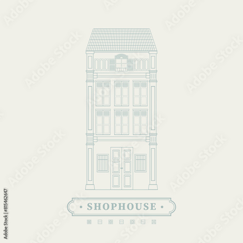 Mnimal line vector illustration drawing of an old school heritage shophouse facade in pastel colour. For concept proposal, design, postcard, banner, social media photo