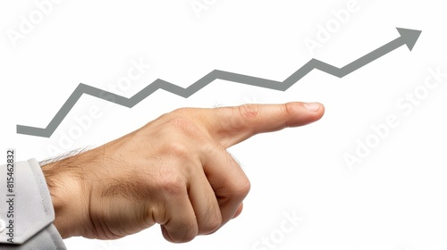 Close-up on a hand pointing to an arrow graph, emphasizing strategic business development and corporate success, isolated setup