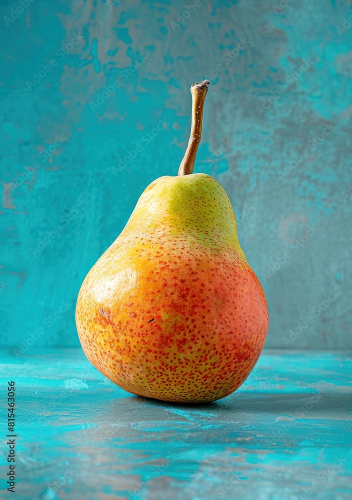 A pear with a long stem and yellow skin is placed on a blue background.