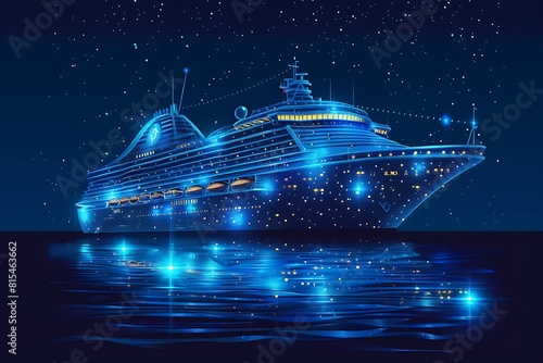 Ship. Abstract vector luxury ruise liner ship on dark blue night sky background with dots, stars © Hamza