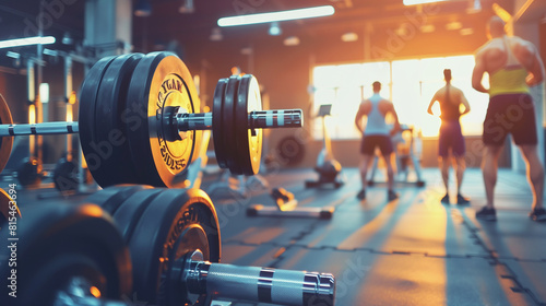 Blurred gym interior background with people making exercise and barbell close up, sport fitness equipment banner