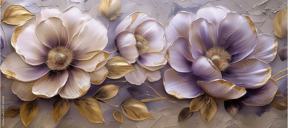 Flowers in the style of oil painting, with purple petals, beige leaves, and golden accents, featuring detailed and vibrant colors, perfect for wall art. Flowers in the style of oil painting, with purple petals, beige leaves, and golden accents, featuring detailed and vibrant colors, perfect for wall art.