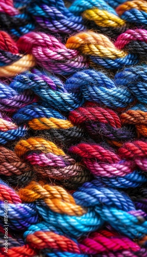 Closeup of knitted wool texture in vibrant multicolor for cozy winterthemed wallpapers or product backgrounds. © Montree