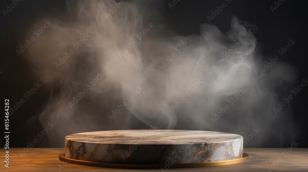 Round marble podium with smoky dark background