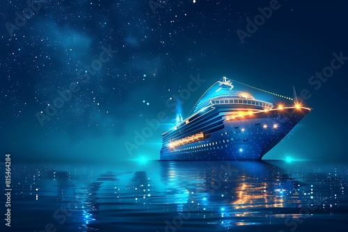 Ship. Abstract vector luxury ruise liner ship on dark blue night sky background with dots, stars © Hamza