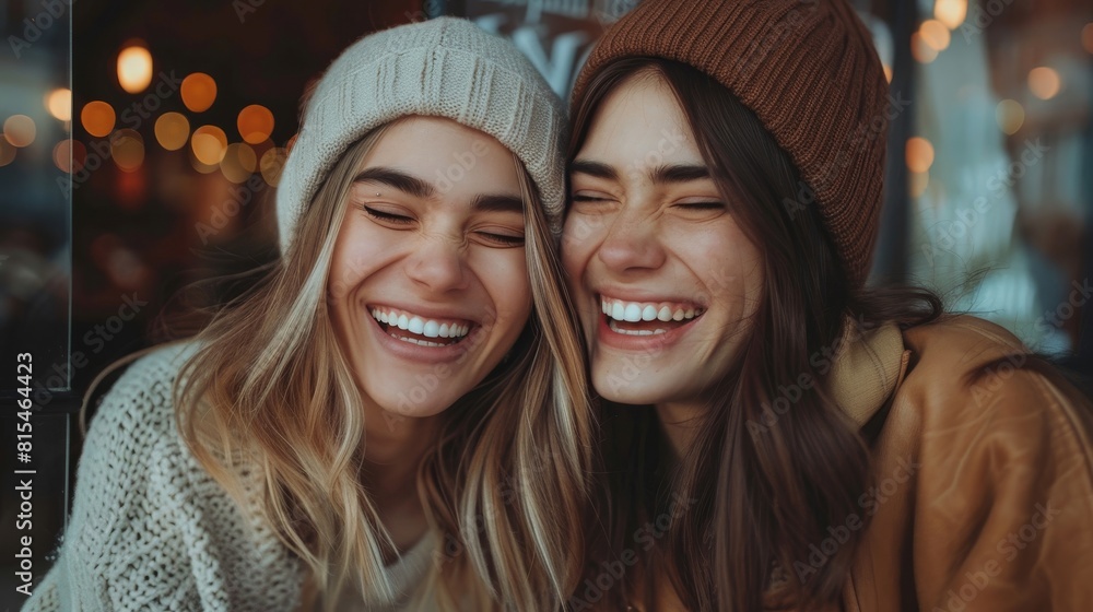 Best friends sharing a laugh over coffee close up dynamic overlay with rustic cafe interior backdrop Best friends sharing a laugh over coffee close up dynamic overlay with rustic cafe interior backdrop