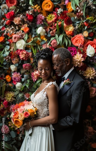 A man and a woman are posing for a picture in front of a wall of flowers