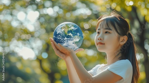 Asian teenager showing earth on hand ecology and environment sustainable concept : Generative AI