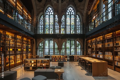 A large library with stained glass windows  wooden shelves  and a reading area.