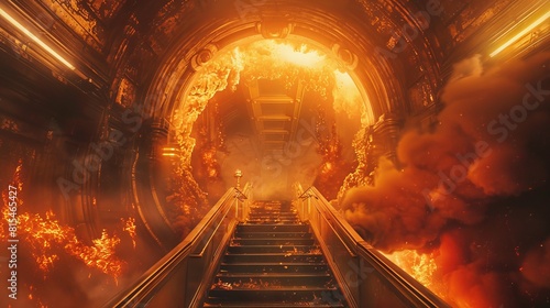Close-up of a subway entrance dramatically enveloped in flowing lava and intense smoke, designed like the gates to hell with magma display