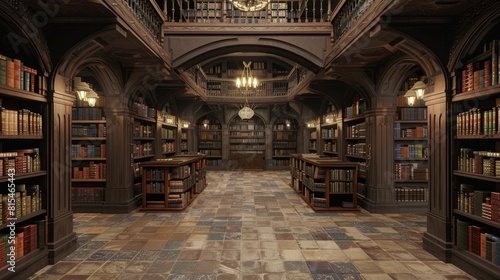 A grand library with a high ceiling and wooden shelves filled with books. photo