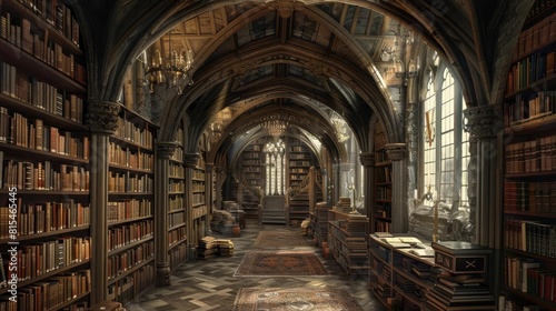 A grand library with a high ceiling and ornate architecture. The shelves are filled with books of all sizes and colors. A large window lets in natural light.