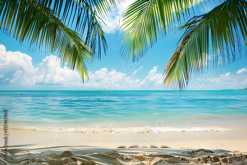 A tropical beach with palm leaves on the sand.