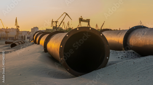 Industrial landscape:sunset over industrial areas,pipelines running through sandy desert © Mike Mareen