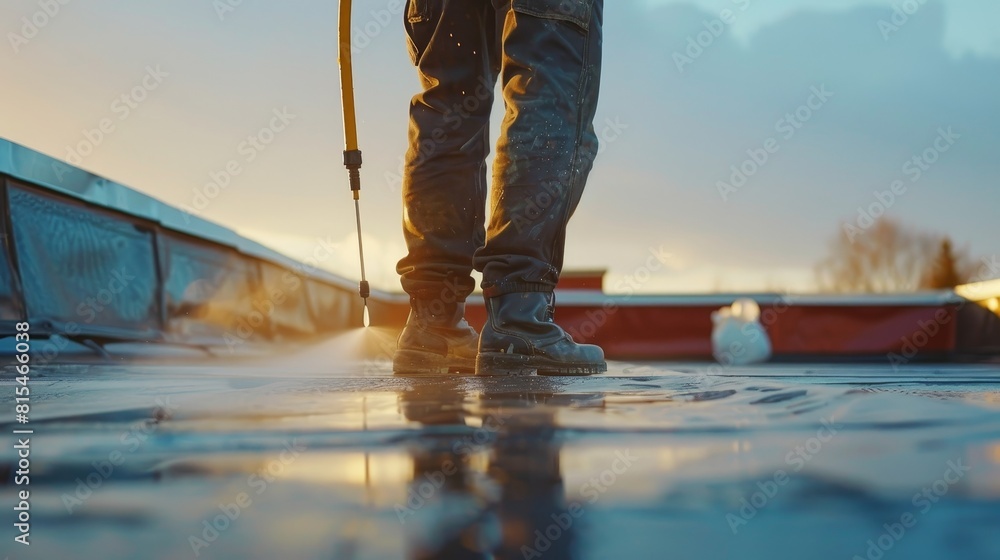 Close-up of a roofer painting a roof with a protective spray, implementing cutting-edge technology to prevent water leaks, isolated setup Close-up of a roofer painting a roof with a protective spray, implementing cutting-edge technology to prevent water leaks, isolated setup