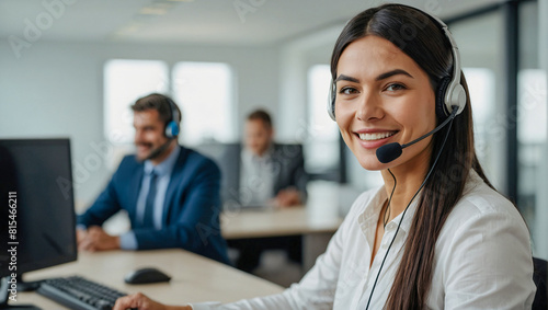 Portrait of a smiling Friendly and helpful customer service representative wearing a headset