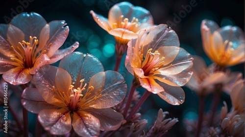 Close-up of delicate  translucent pink and yellow flowers with water droplets on their petals  set against a dark blue background. AI.