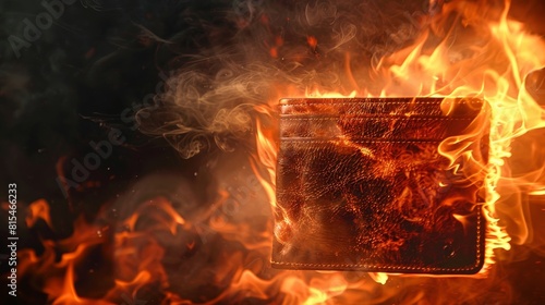 Close-up of a leather wallet engulfed in flames, fiery lava and thick smoke rising, set against a dark sky, isolated background