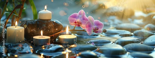 spa concept with candles and orchid flowers on stone pebbles for relaxation