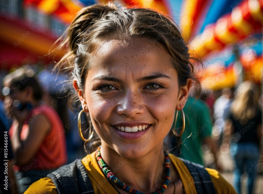 A young woman smiles at a street fair. AI. A young woman smiles at a street fair. AI.