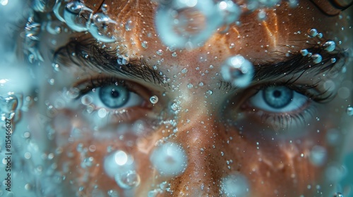 Intense close-up of a person s eyes underwater surrounded by bubbles.