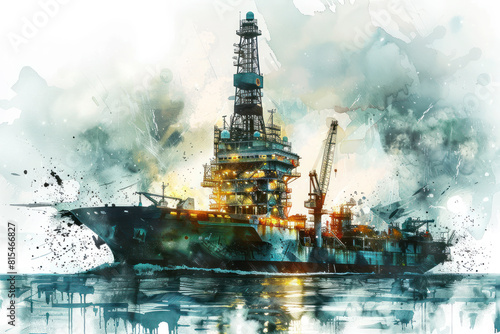 Green watercolor paint of engineers working on offshore oil and gas drilling