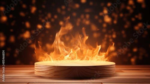 Round wooden podium with fire in background