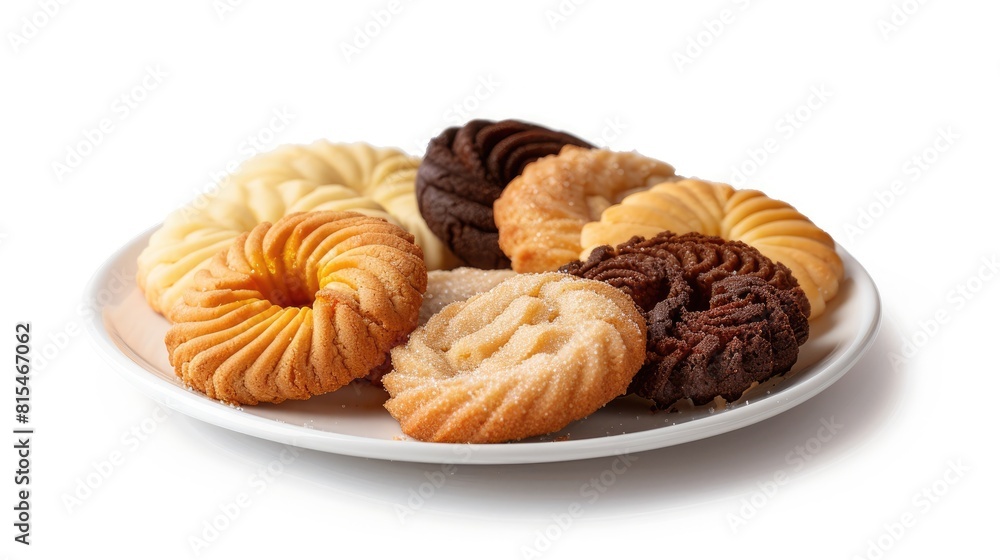 Assortment of Danish butter cookies displayed on a small white plate against a white background with clipping path