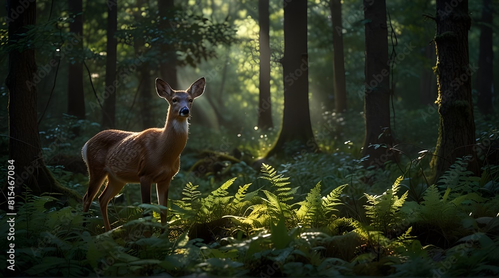 Fototapeta premium In the heart of an ancient forest, shafts of sunlight pierce through the canopy, revealing a majestic stag with antlers reaching towards the sky.generative.ai