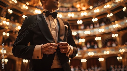 Formal suit at a classical music concert close up whimsical overlay with ornate opera house backdrop