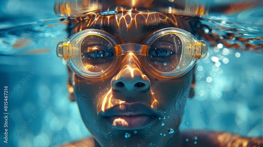 Close-up of a swimmer wearing goggles, half-submerged in water, with reflections and ripples. Close-up of a swimmer wearing goggles, half-submerged in water, with reflections and ripples.