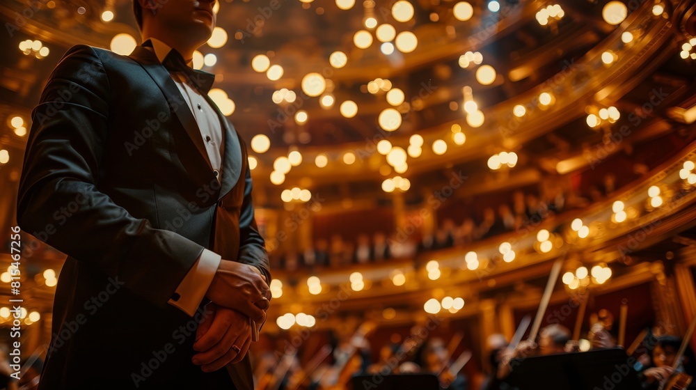 Fototapeta premium Formal suit at a classical music concert close up whimsical overlay with ornate opera house backdrop