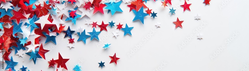 Festive confetti of red and blue glittering stars spread across a white background, symbolizing celebration Festive confetti of red and blue glittering stars spread across a white background, symbolizing celebration